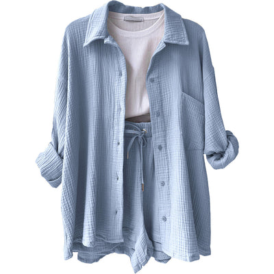 Women's summer set of flowing button-down shirt and matching shorts