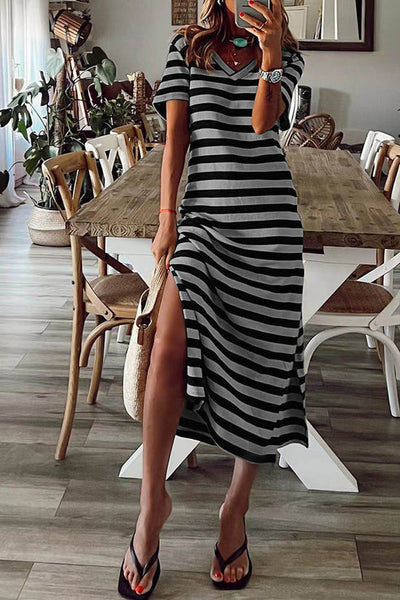 Fanny - Casual striped patchwork dress with V-neck and short sleeves