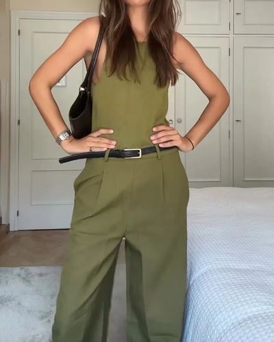 Women's two-piece set with sleeveless top and classic wide-leg pants