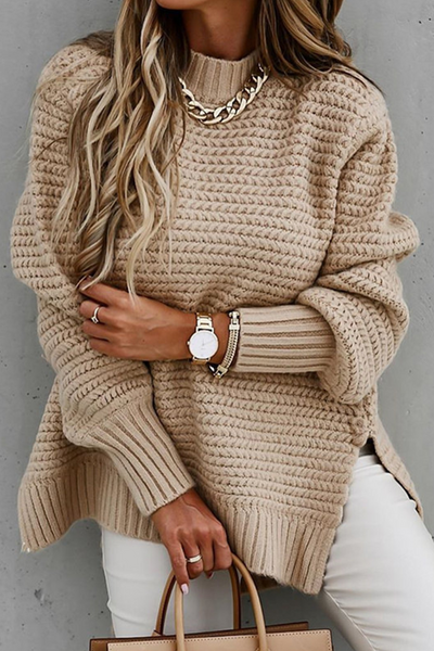 Erola - Fashion Street Solid O-Neck Slit Sweaters