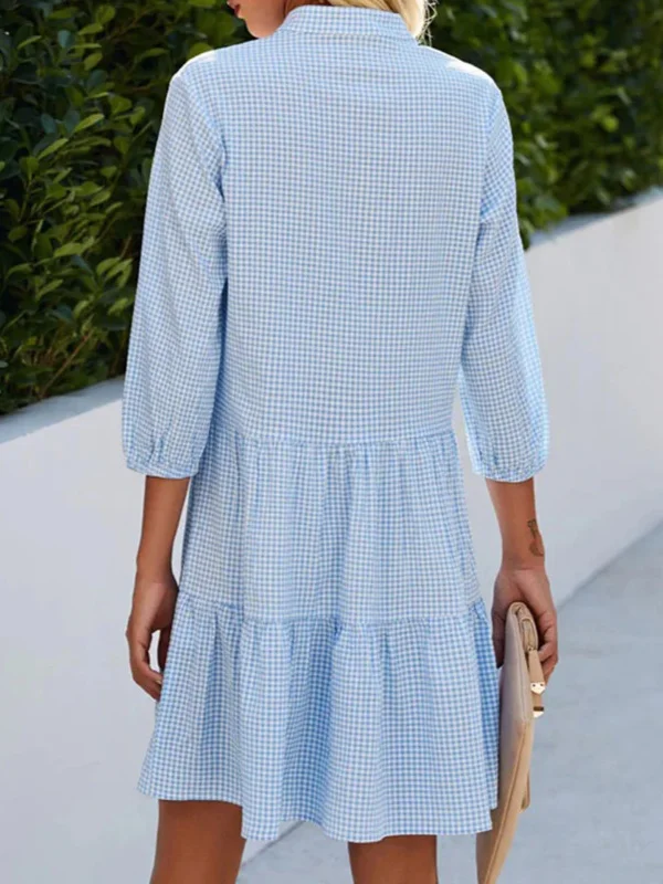 Rebecca - Loose A-line shirt dress with button placket and plaid print and high neckline