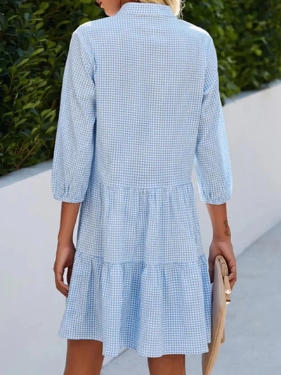 Rebecca - Loose A-line shirt dress with button placket and plaid print and high neckline