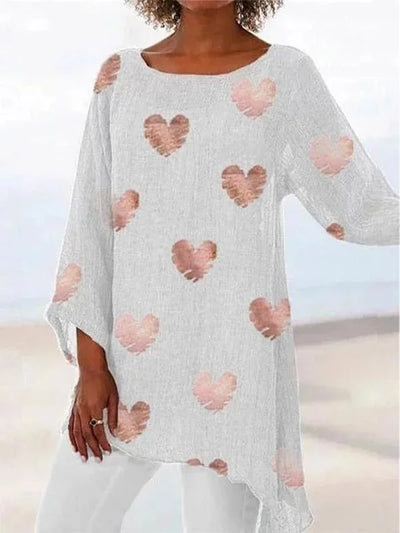 Colette - Women's cotton and linen T-shirt with heart print and round neck