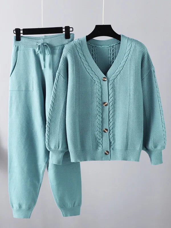 Solid Color Long Sleeve V-Neck Cardigan and Drawstring Pants Set