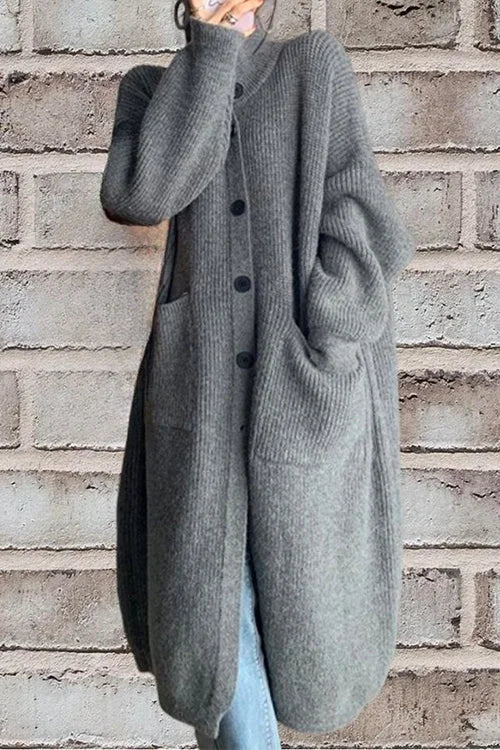 Women's Long Button-Down Cardigan with Collar and Pockets - Layered Sweater