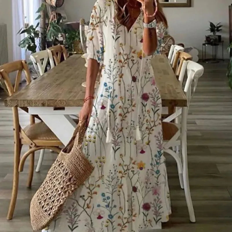 Delia - Women's Dresses Long V-neck Half Sleeve Dress with Beard Print