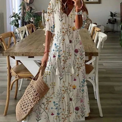 Delia - Women's Dresses Long V-neck Half Sleeve Dress with Beard Print