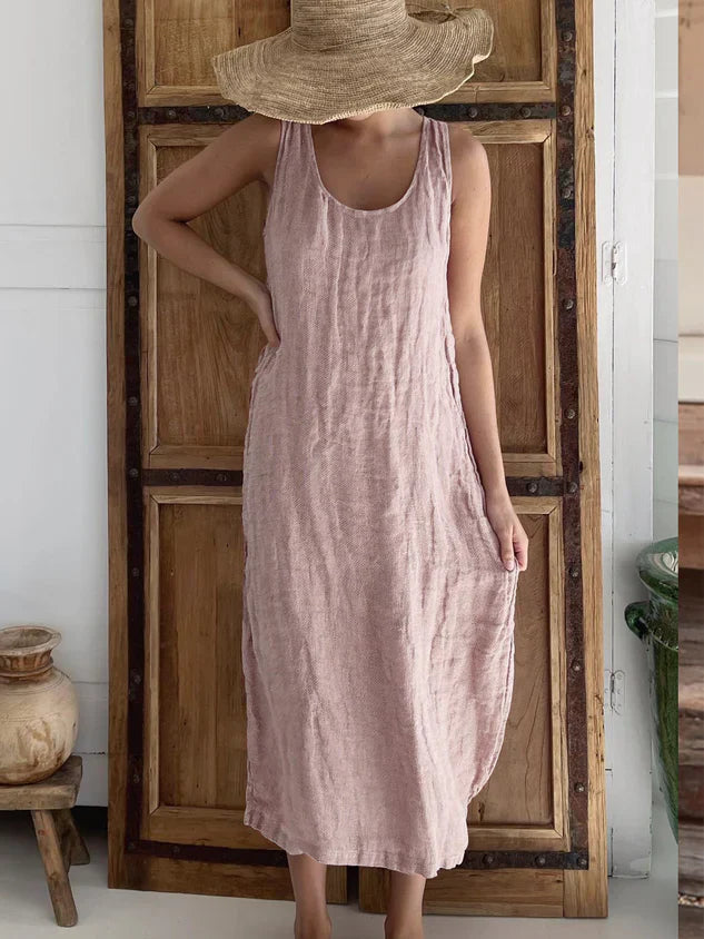 Greattioa Women's Casual Loose Cotton Linen Summer Vacation Plain Round Neck Sleeveless Dress
