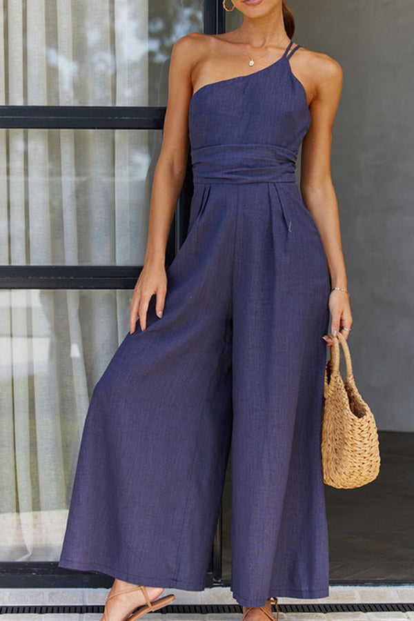 Elegant summer wide-leg jumpsuit with a single thin shoulder strap