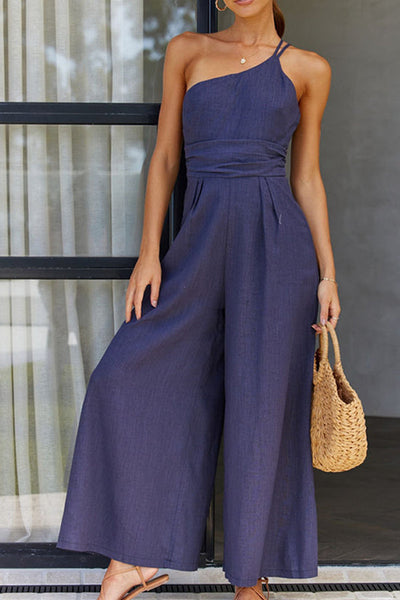 Elegant summer wide-leg jumpsuit with a single thin shoulder strap