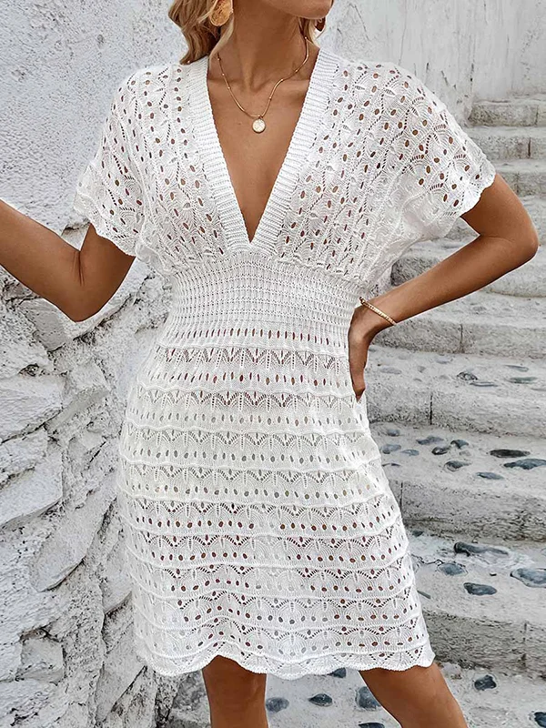 Mia - Loose, short, hollow-out, sheer, solid-colored mini dresses with a deep V-neck.