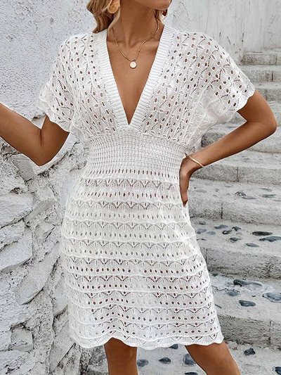 Mia - Loose, short, hollow-out, sheer, solid-colored mini dresses with a deep V-neck.