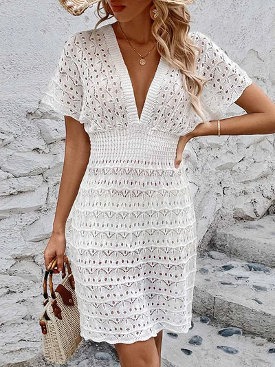 Mia - Loose, short, hollow-out, sheer, solid-colored mini dresses with a deep V-neck.
