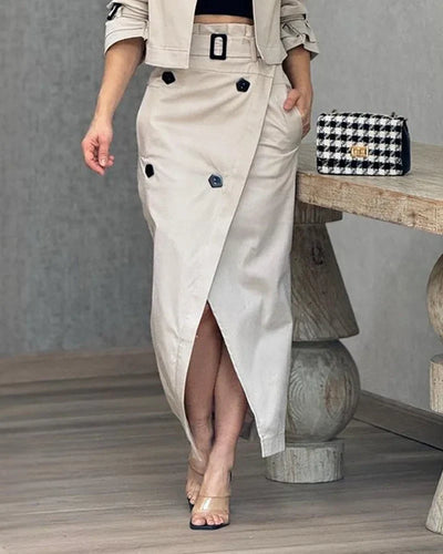 Two-piece set with long-sleeved lapel jacket and solid-color midi skirt