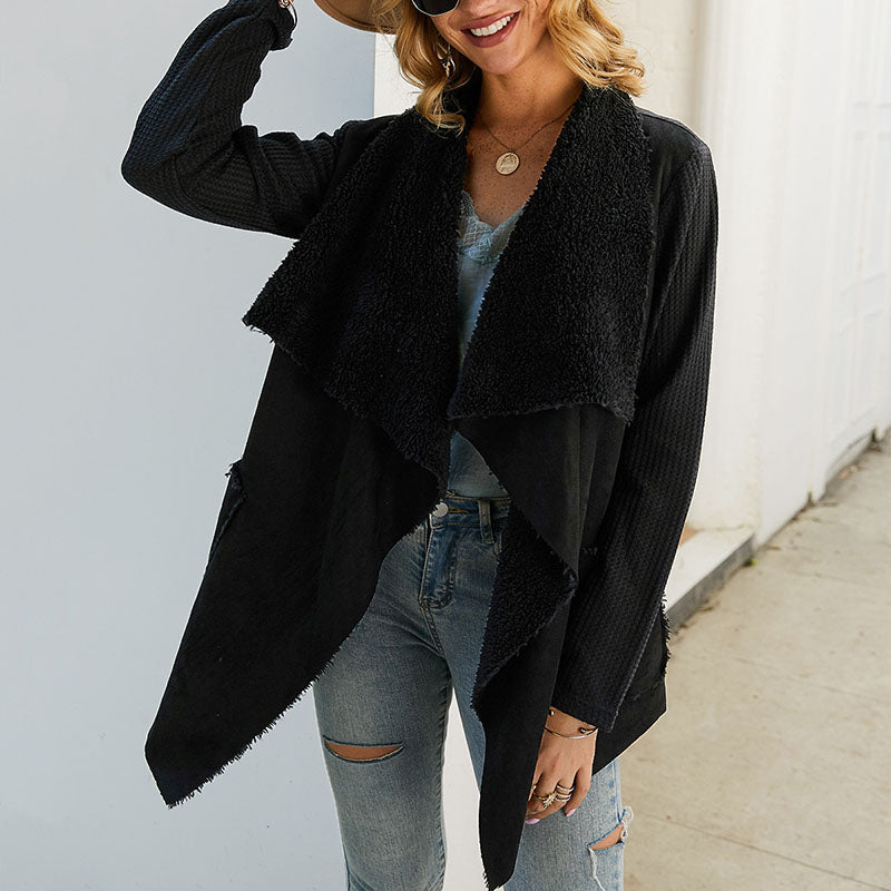 Women's Asymmetrical Waffle Sleeve Coat - Elegant Lapel Design