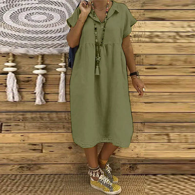 Laia - Women's Plus Size Cotton and Linen Short-Sleeved Midi Dress