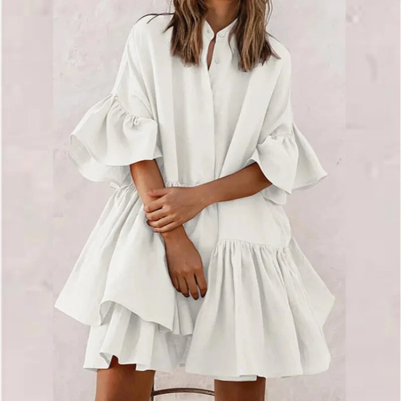 Erola - Casual monochrome dresses with V-neckline and pastel skirt