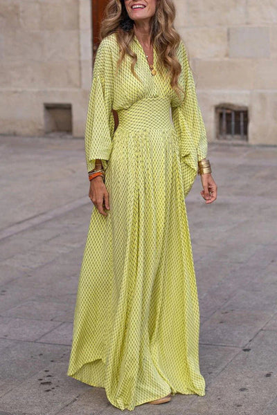 Gemma - Long Sleeve Maxi Dress with V Neck and Geometric Print