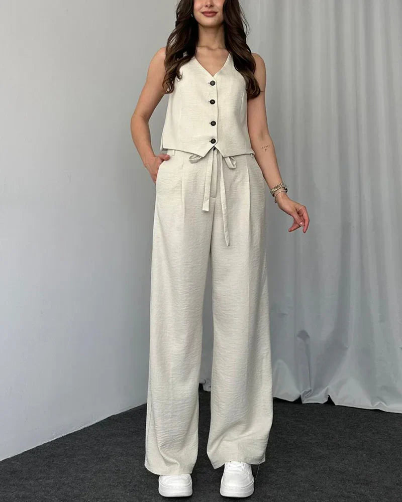 Helena - Solid color casual vest two-piece set.
