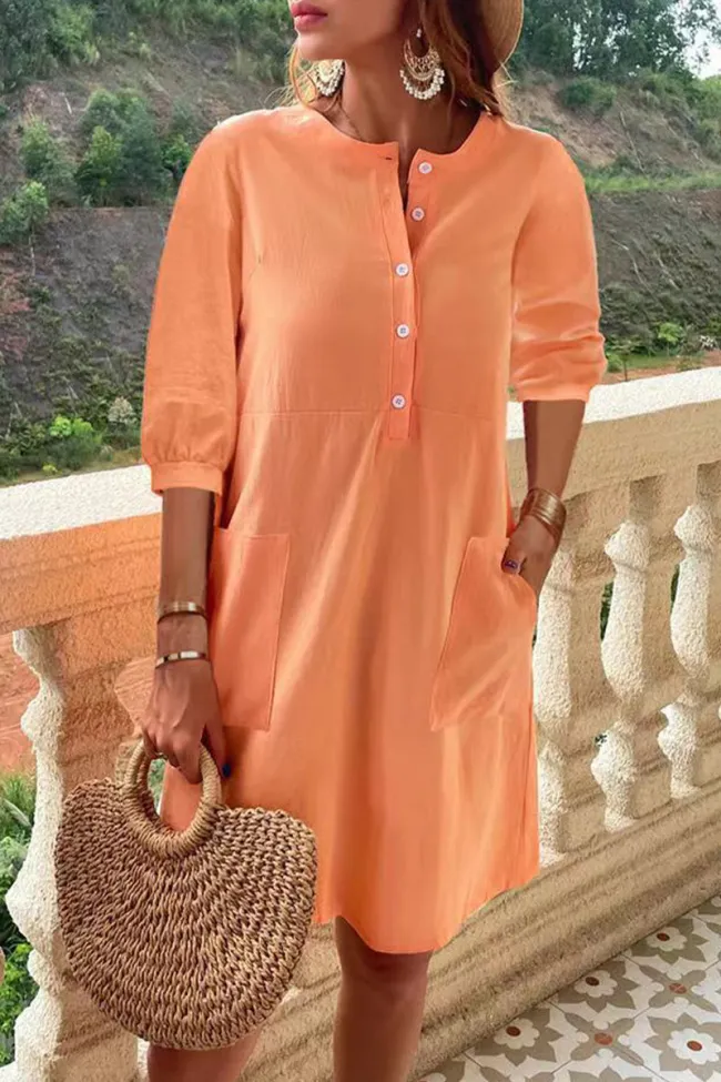 Indira - Casual and Simple Dresses with Fixed Pocket Buckle and A-Line O-Neckline