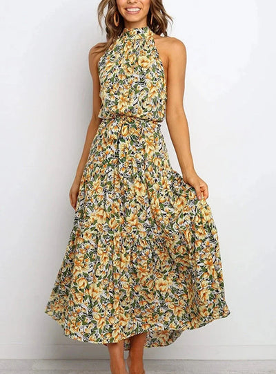 Evelyn - Long printed dress with bow at the waist