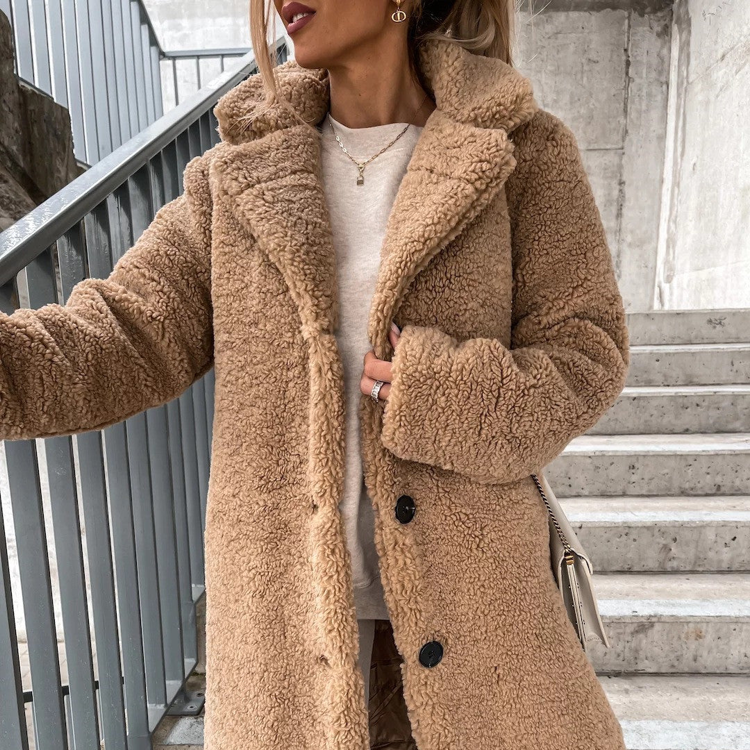 Women's Long-Sleeved Jacket with Lapel and Fur Lining, Ideal for Winter – Soft Coat