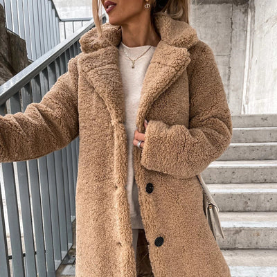 Women's Long-Sleeved Jacket with Lapel and Fur Lining, Ideal for Winter – Soft Coat