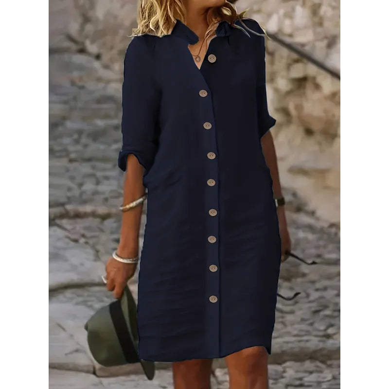 Amalie - Elegant Midi Dress with Front Button Placket for Casual and Women's Wear