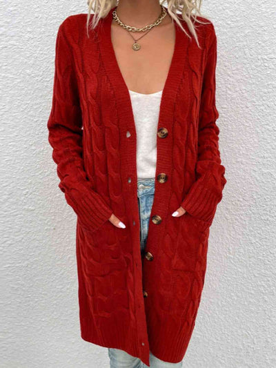 Cable Knit Cardigan with Pockets – Stylish Button-Down Design for Comfort