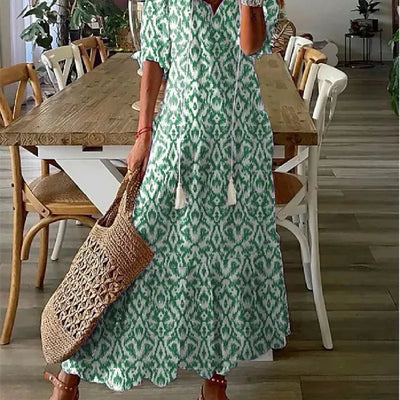 Delia - Women's Dresses Long V-neck Half Sleeve Dress with Beard Print