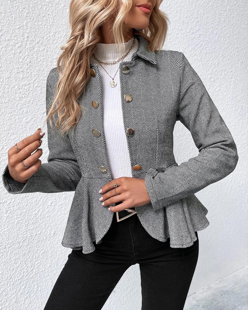 Elegant Button-Down Blazer with Striped Ruffle Hem, Slim Fit