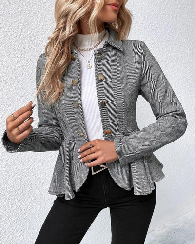 Elegant Button-Down Blazer with Striped Ruffle Hem, Slim Fit