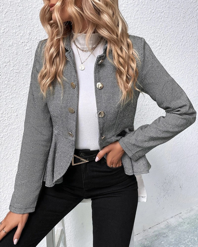 Elegant Button-Down Blazer with Striped Ruffle Hem, Slim Fit