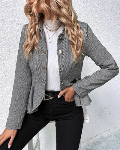 Elegant Button-Down Blazer with Striped Ruffle Hem, Slim Fit