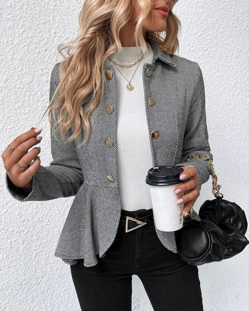 Elegant Button-Down Blazer with Striped Ruffle Hem, Slim Fit