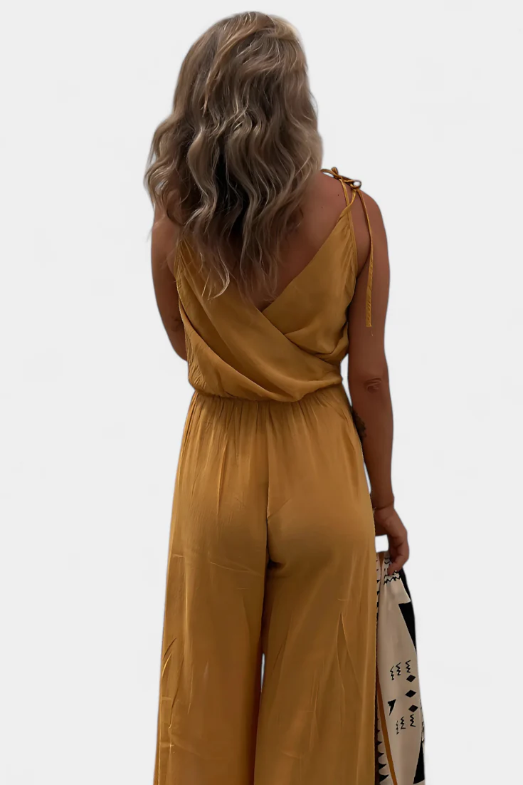 Lightweight long jumpsuit with thin straps, V-neckline and leg slits