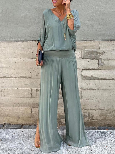Marta - Elegant two-piece set with wide chiffon pants