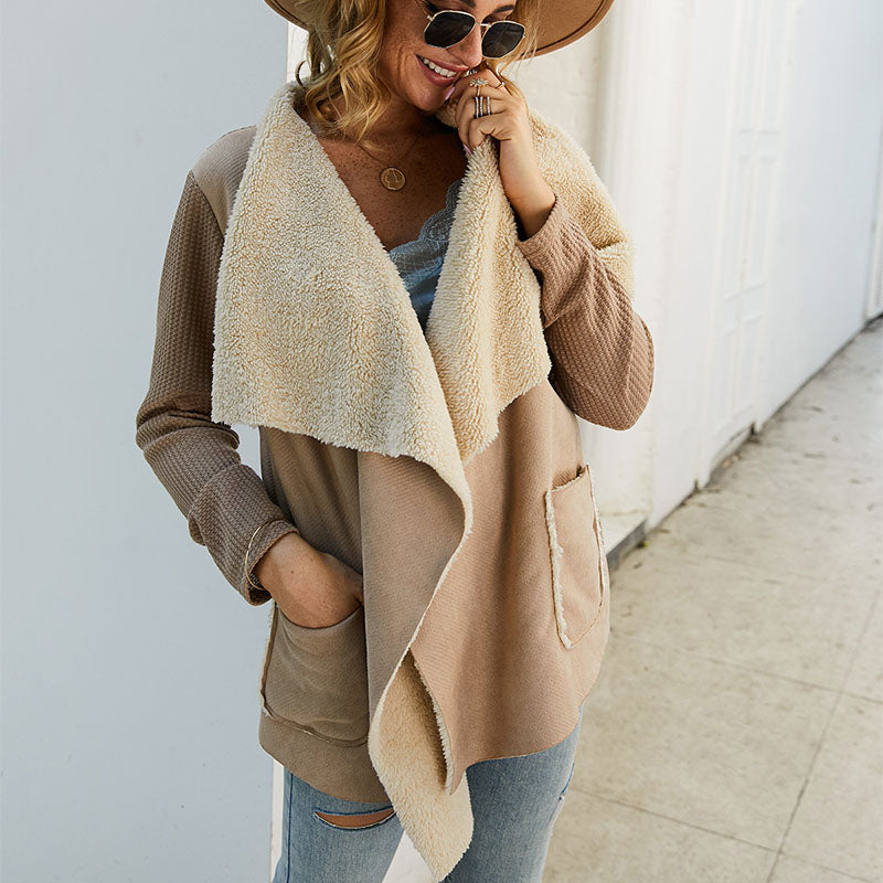 Women's Asymmetrical Waffle Sleeve Coat - Elegant Lapel Design