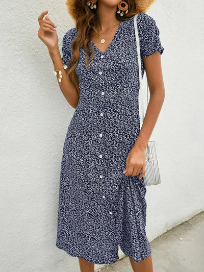 Mila - Navy blue short-sleeved V-neck midi dress