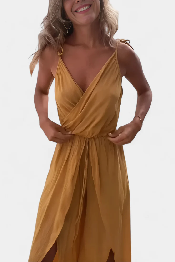 Lightweight long jumpsuit with thin straps, V-neckline and leg slits