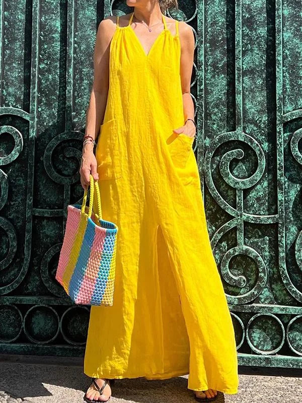 Delia - Women's V-neck Long Dress with Pocket
