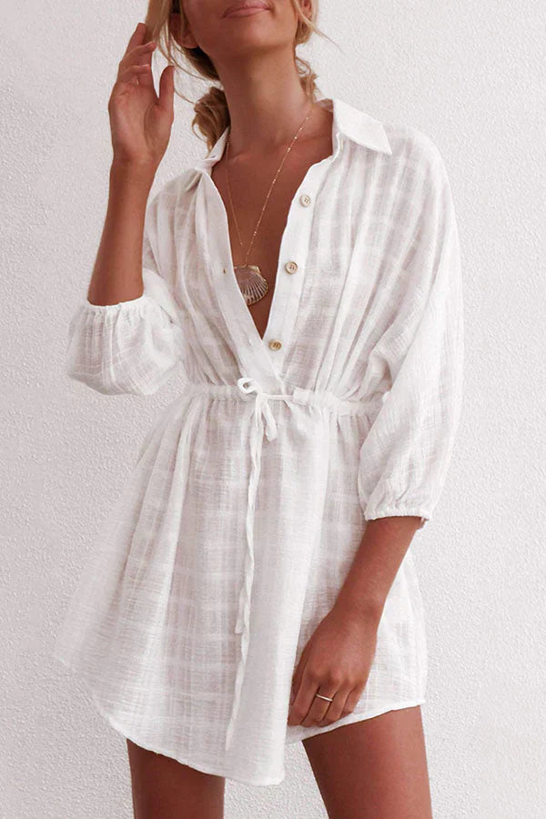 Linda - beach dress with lapel, single breasted, and drawstring