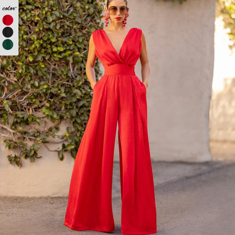 Elegant women's sleeveless V-neck jumpsuit with wide-legged trousers