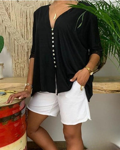 Aida - Fashion Button Lace 3/4 Sleeve V Neck Shirts Tops