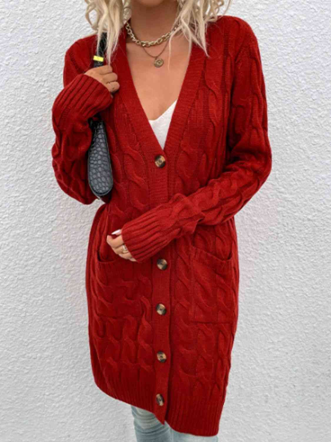 Cable Knit Cardigan with Pockets – Stylish Button-Down Design for Comfort