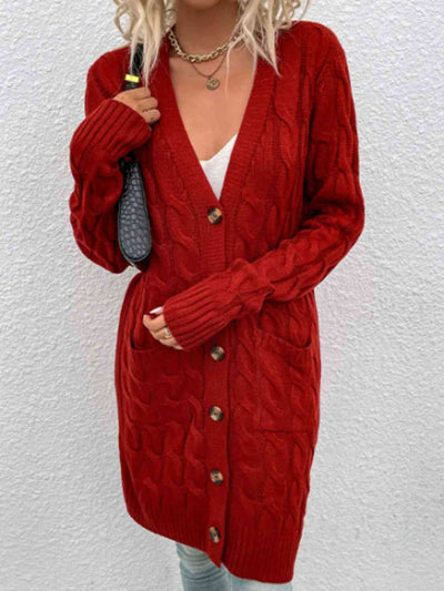 Cable Knit Cardigan with Pockets – Stylish Button-Down Design for Comfort