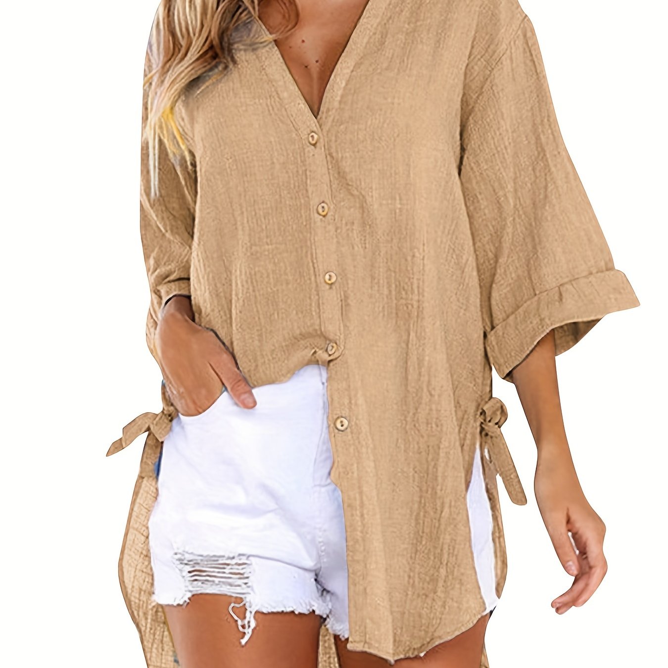 Emma - Casual Solid Color Short Sleeve Neckline Blouse