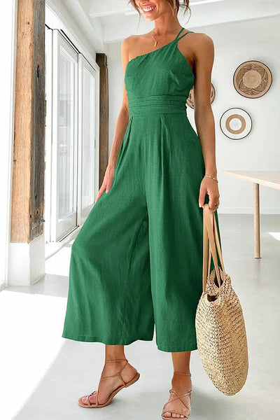 Elegant summer wide-leg jumpsuit with a single thin shoulder strap