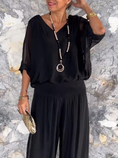 Marta - Elegant two-piece set with wide chiffon pants