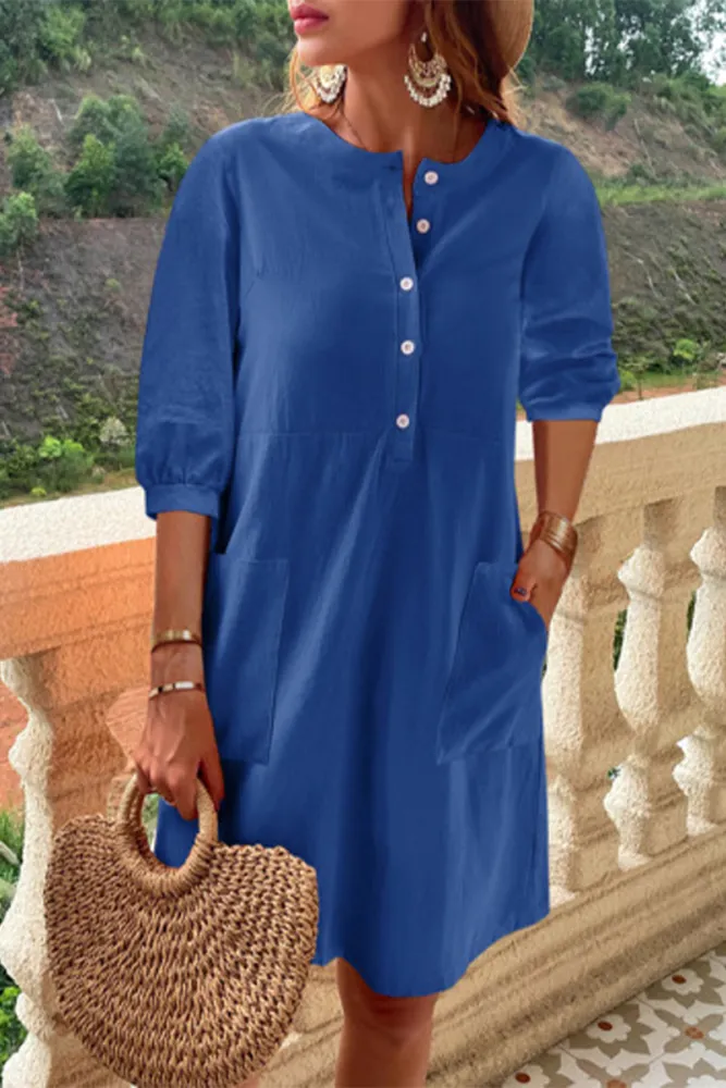 Indira - Casual and Simple Dresses with Fixed Pocket Buckle and A-Line O-Neckline